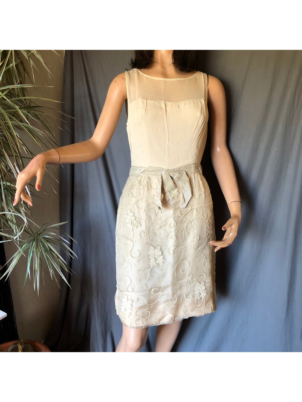Vintage 1960s Embroidered Sheer Beige Dress Velvet Waistband Detail